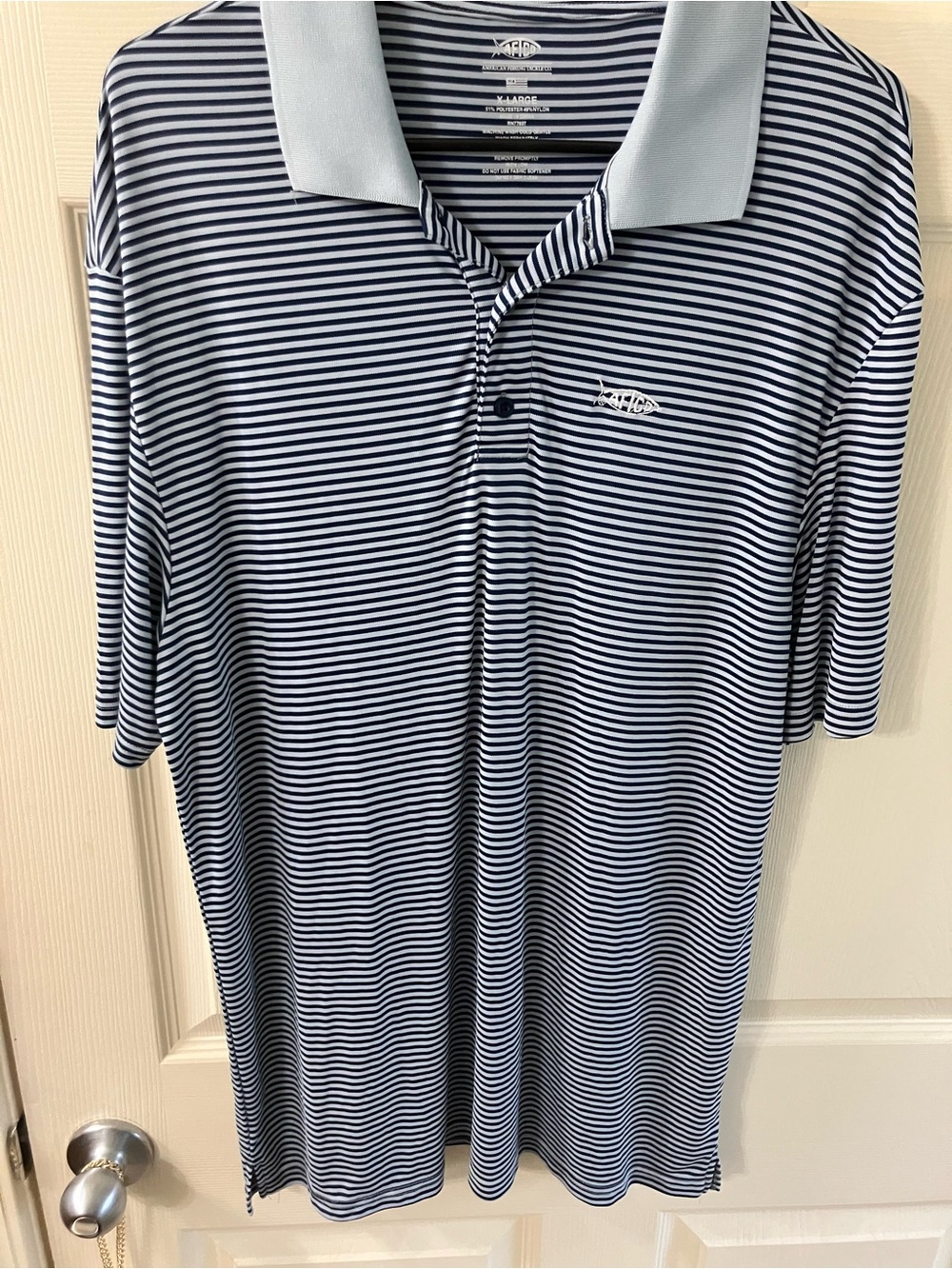 AFTCO Navy and White Striped Polo with Light Blue Collar